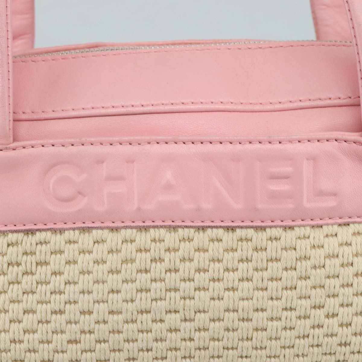 CHANEL Hand Bag Cotton Leather Pink Beige Silver CC bs20916