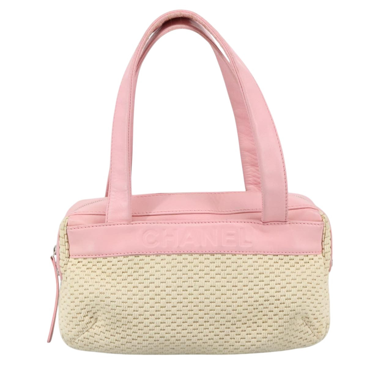 CHANEL Hand Bag Cotton Leather Pink Beige Silver CC bs20916