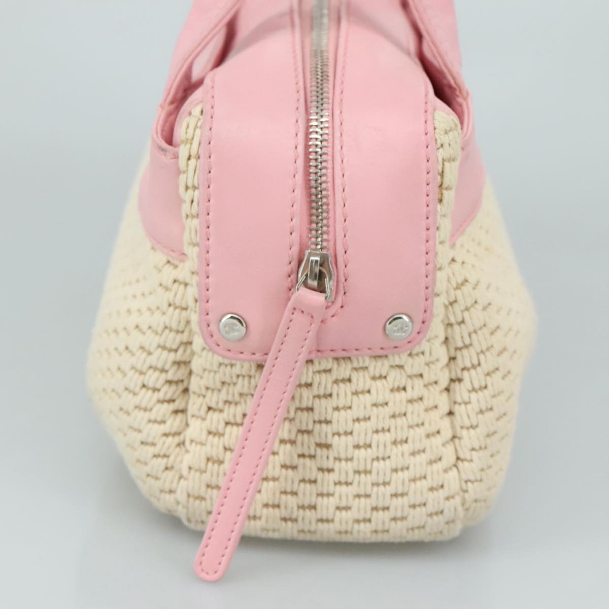 CHANEL Hand Bag Cotton Leather Pink Beige Silver CC bs20916