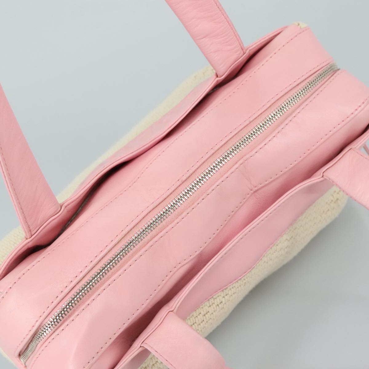 CHANEL Hand Bag Cotton Leather Pink Beige Silver CC bs20916