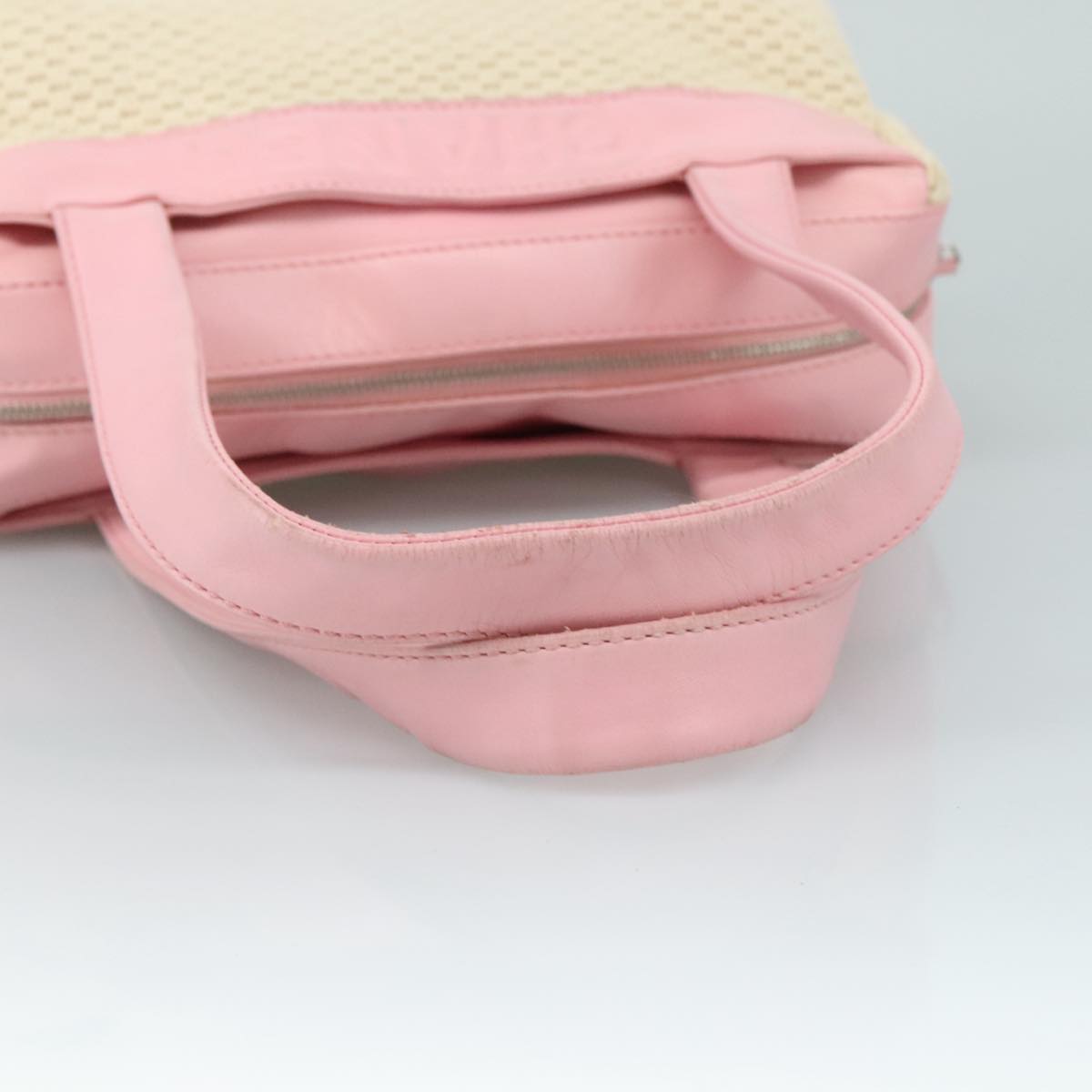 CHANEL Hand Bag Cotton Leather Pink Beige Silver CC bs20916