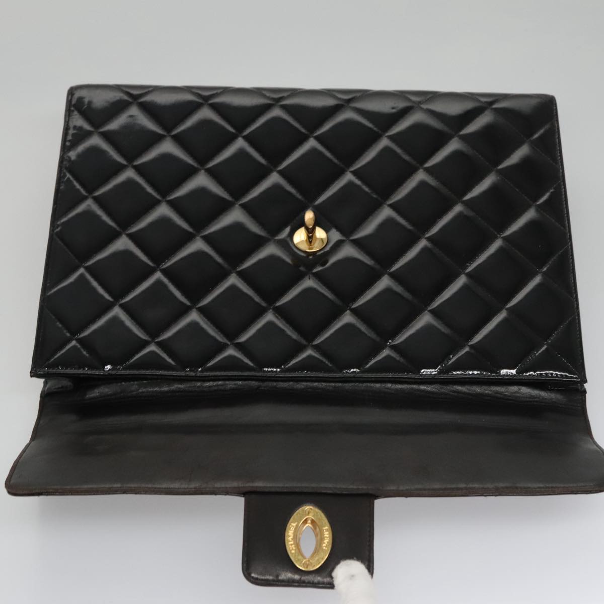 CHANEL Matelasse Hand Bag Enamel Black Gold CC bs20920