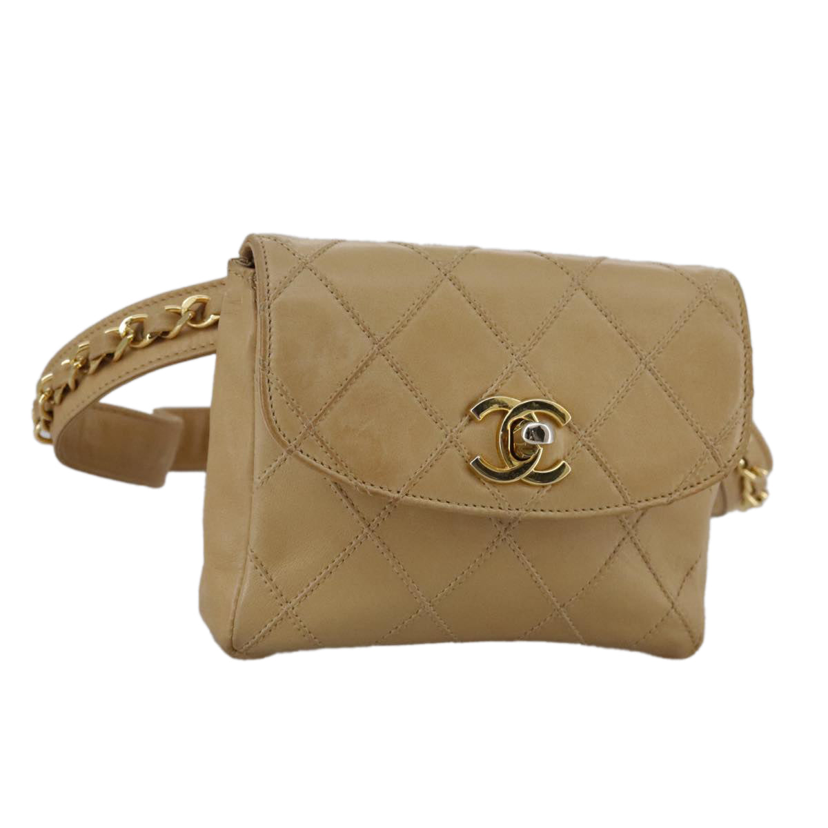 CHANEL Bicolore Waist bag Lamb Skin Beige Gold CC bs21018