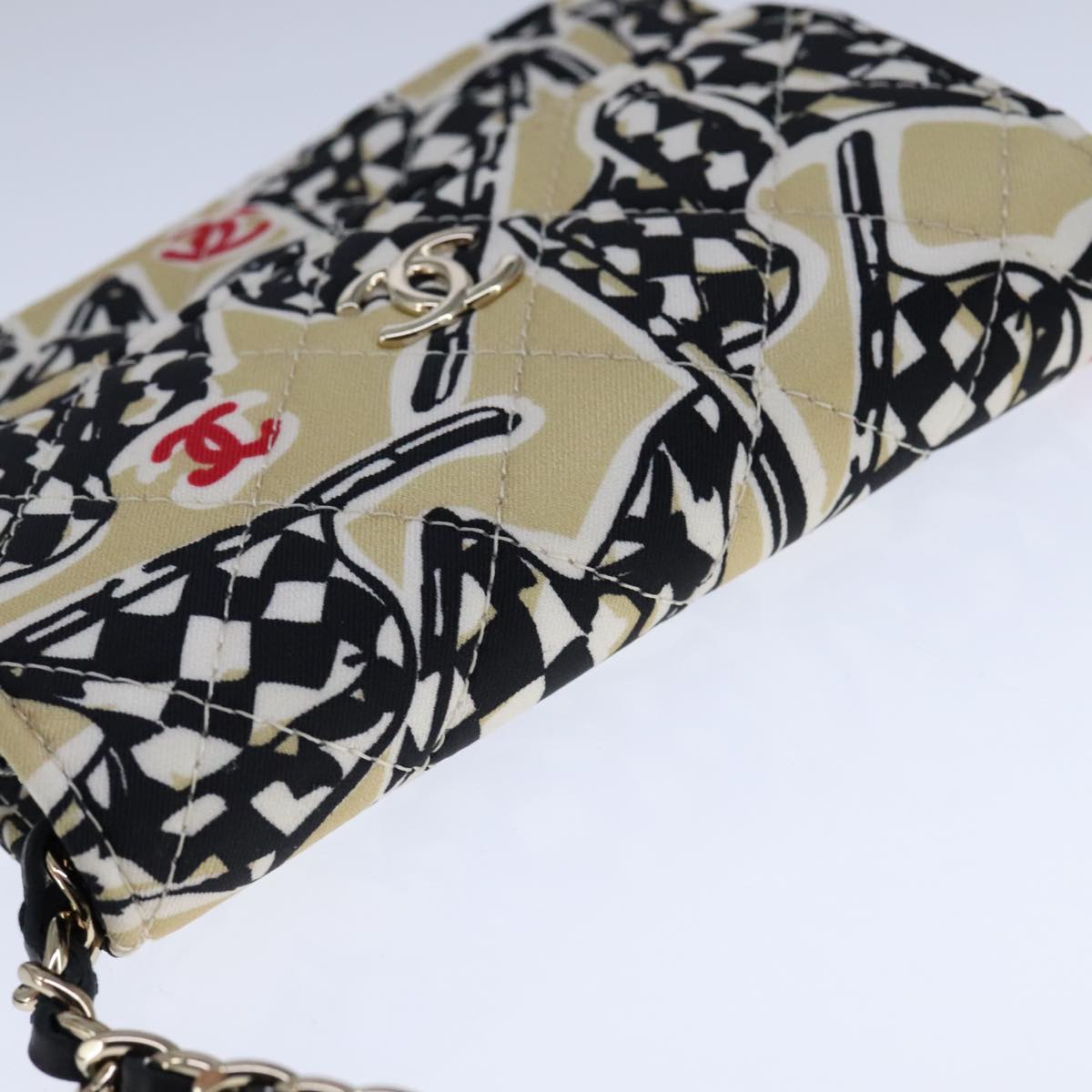 CHANEL Chain Matelasse Checkered Flag Shoulder Bag Canvas Beige CC bs21030A