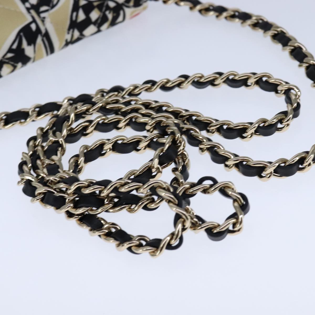 CHANEL Chain Matelasse Checkered Flag Shoulder Bag Canvas Beige CC bs21030A