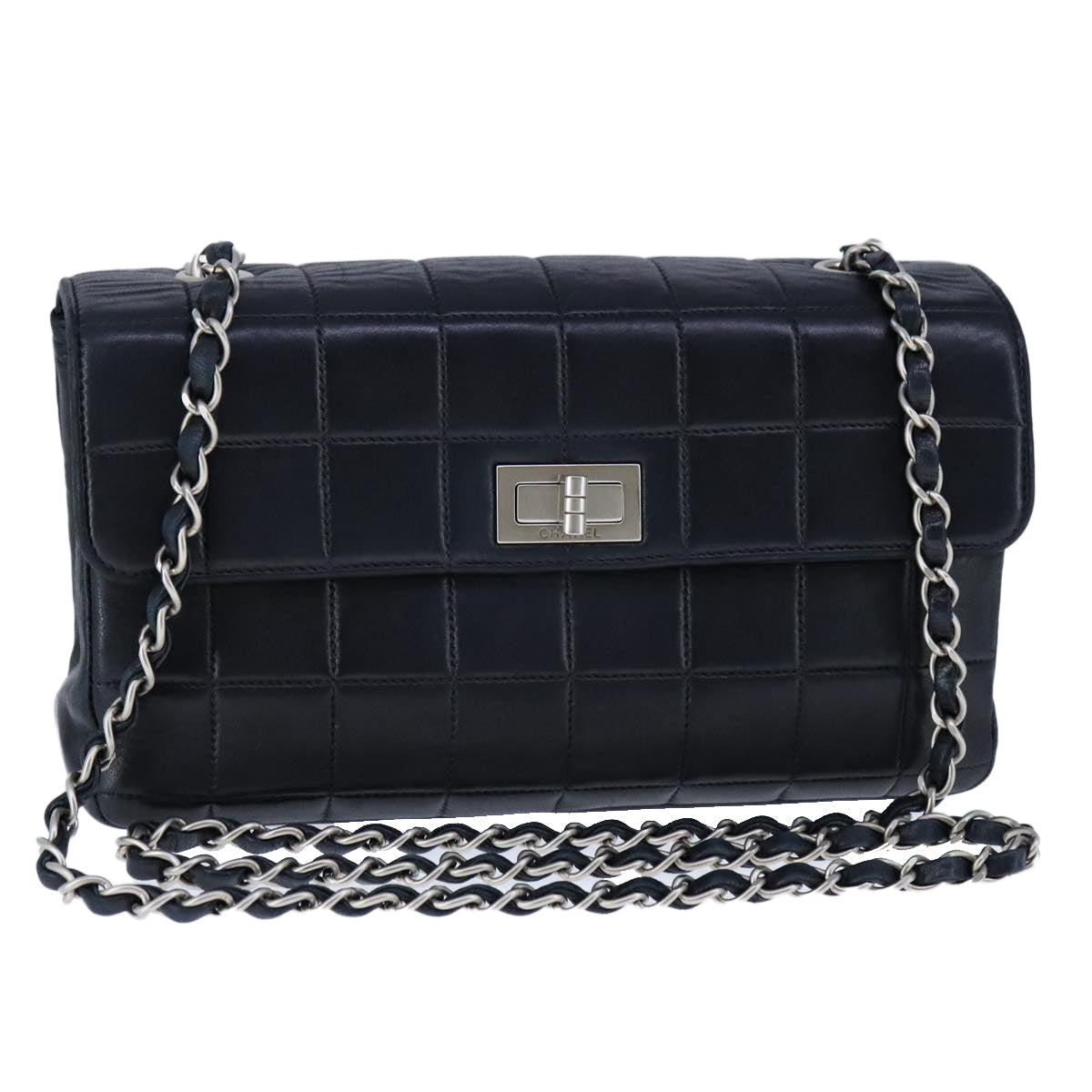 CHANEL Choco Bar Chain Shoulder Bag Lamb Skin Black CC bs21132