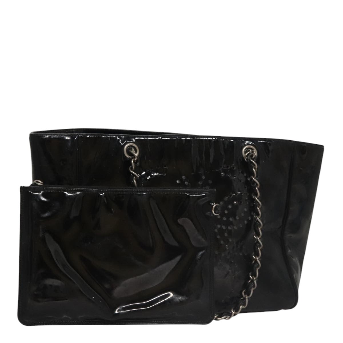 CHANEL Chain Hand Bag Patent Leather Black Silver CC bs21198