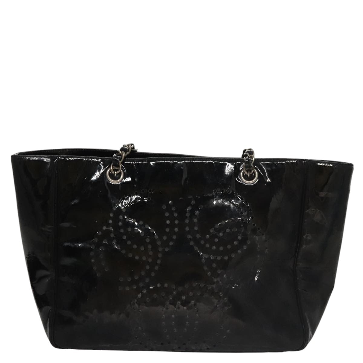 CHANEL Chain Hand Bag Patent Leather Black Silver CC bs21198