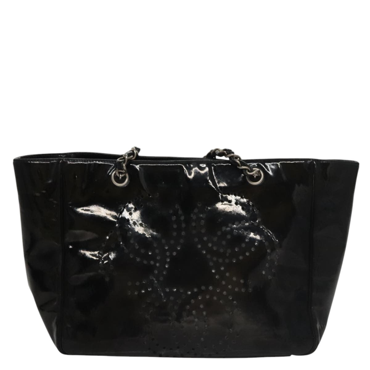 CHANEL Chain Hand Bag Patent Leather Black Silver CC bs21198