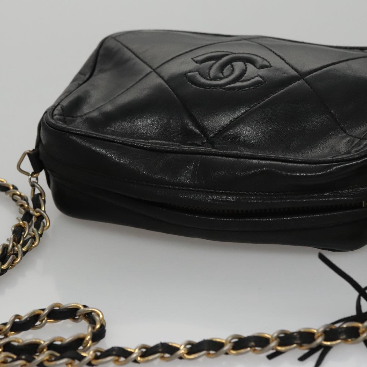 CHANEL Chain Matelasse Shoulder Bag Lamb Skin Black Gold CC bs21320