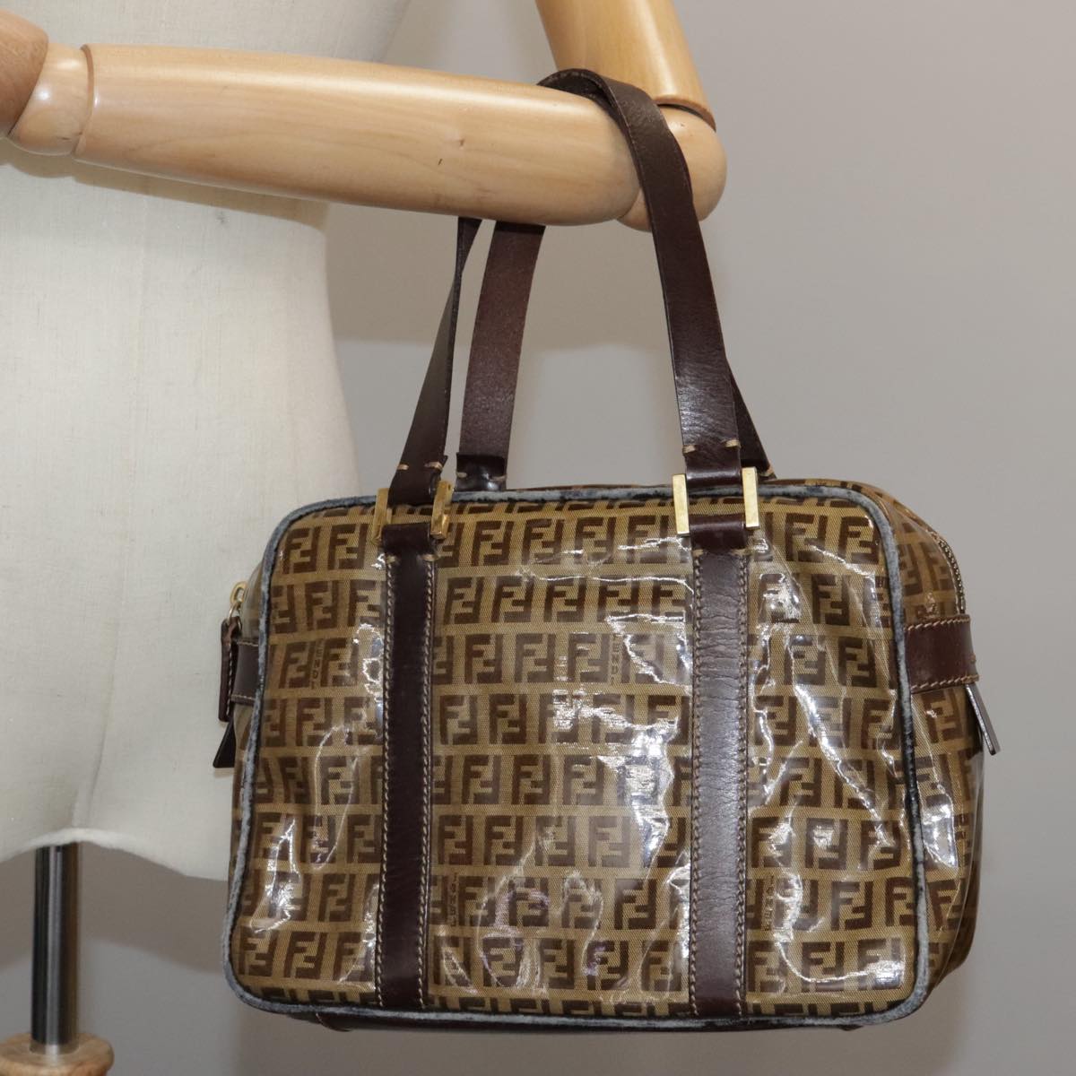 FENDI Zucchino Canvas Hand Bag Brown Gold bs21516