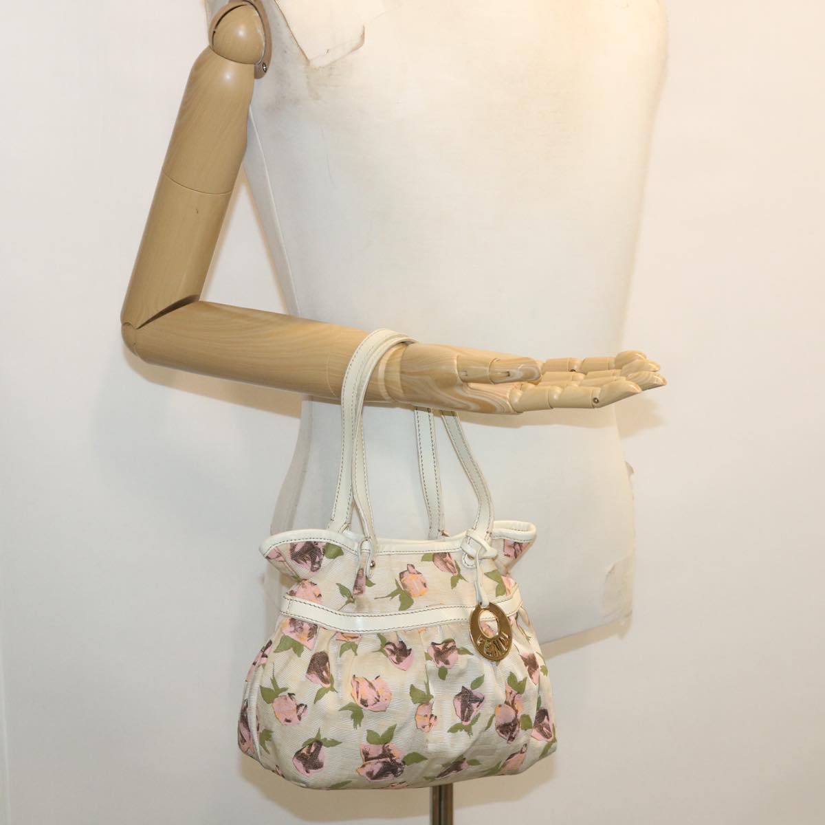 FENDI Zucca Canvas Flower Hand Bag Beige bs3174