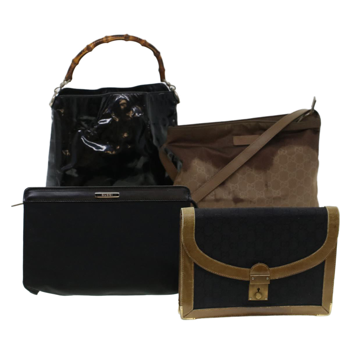 GUCCI GG Canvas Bamboo Shoulder Bag Patent leather 4Set Black Beige bs5393