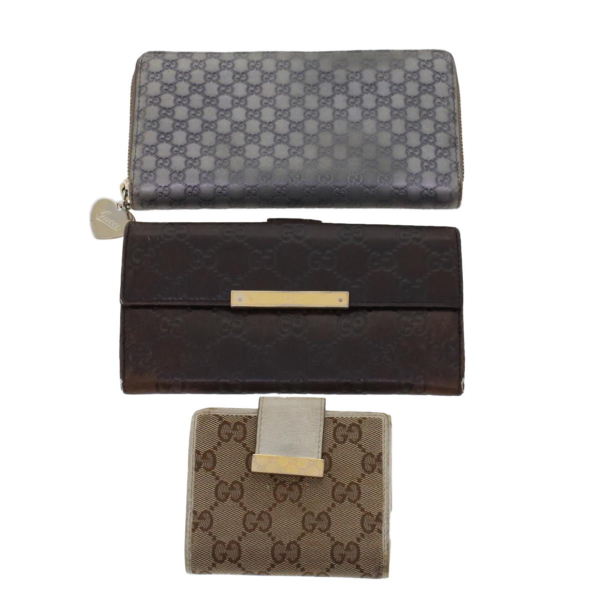 GUCCI GG Canvas Long Wallet Leather 3Set Brown Beige Silver bs6283
