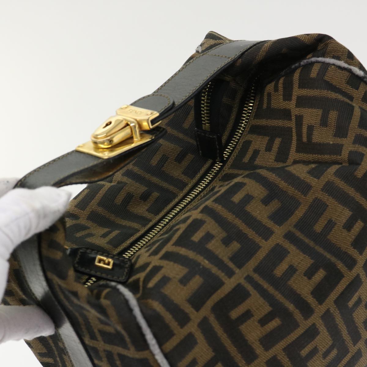 FENDI Zucca Canvas Hand Bag Leather Black Brown 2111 26348 079 bs6481