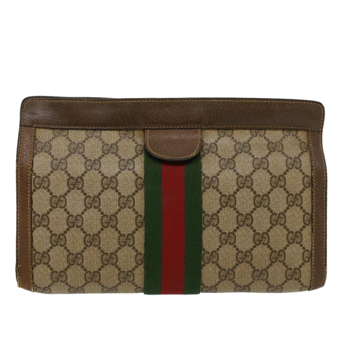 GUCCI GG Canvas Web Sherry Line Clutch Bag Beige Red 89•01•002 bs6599
