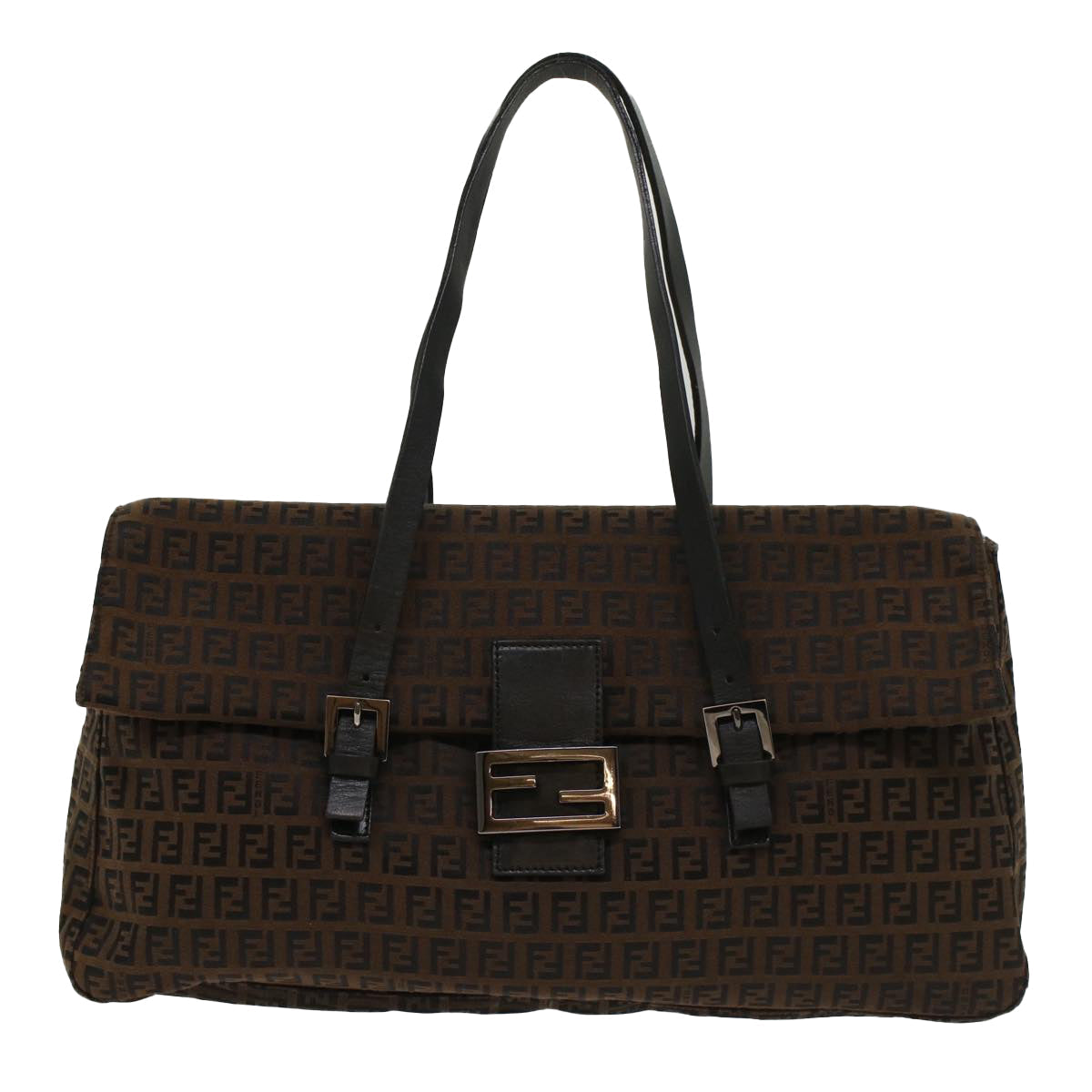 FENDI Zucchino Canvas Shoulder Bag Leather Dark Brown bs6815