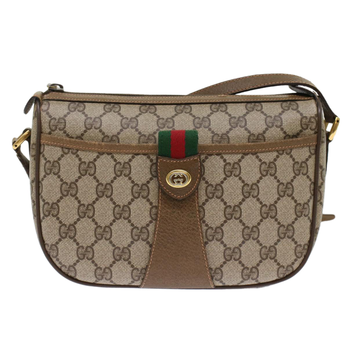 GUCCI GG Canvas Web Sherry Line Shoulder Bag PVC Leather Beige Green bs6920