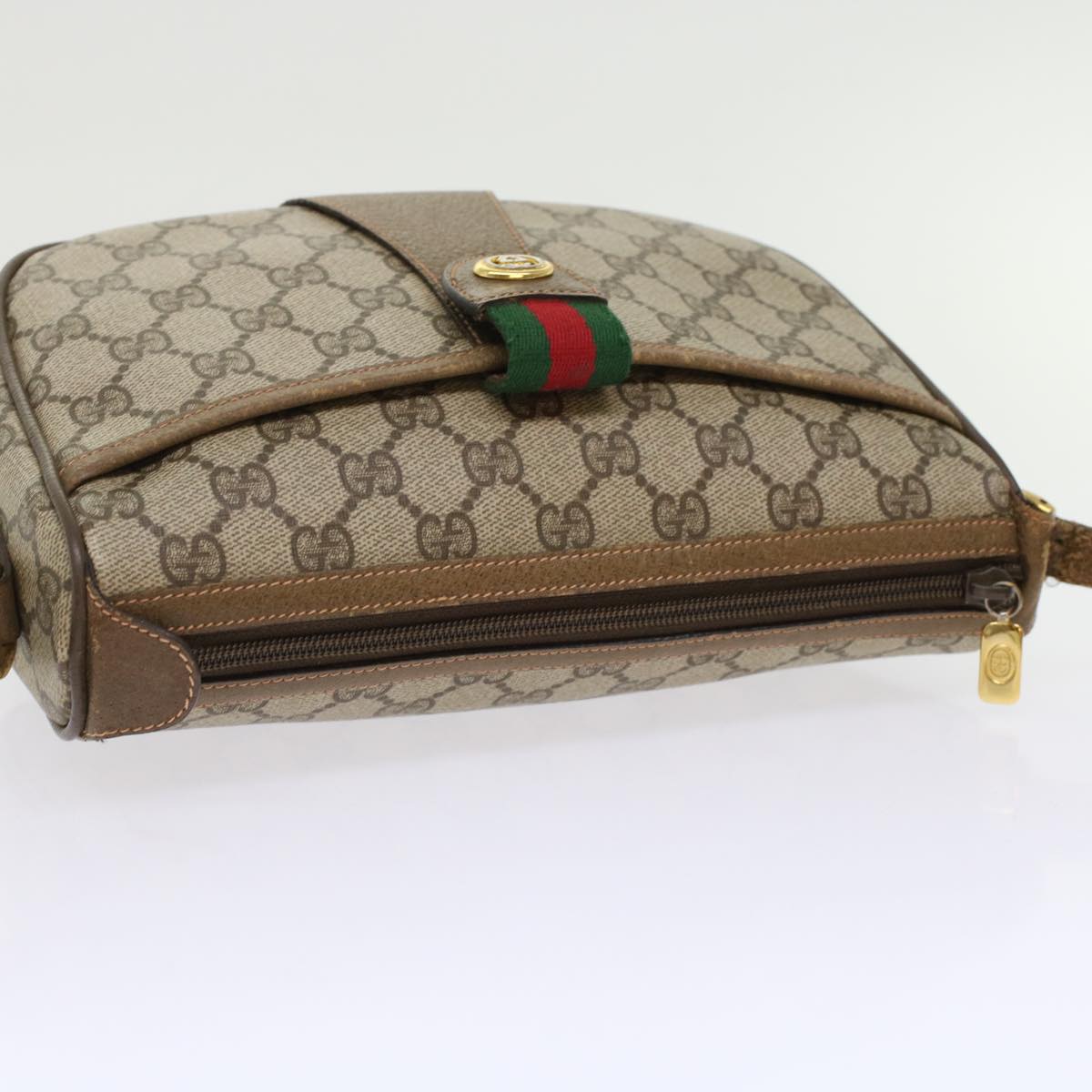 GUCCI GG Canvas Web Sherry Line Shoulder Bag PVC Leather Beige Green bs6920