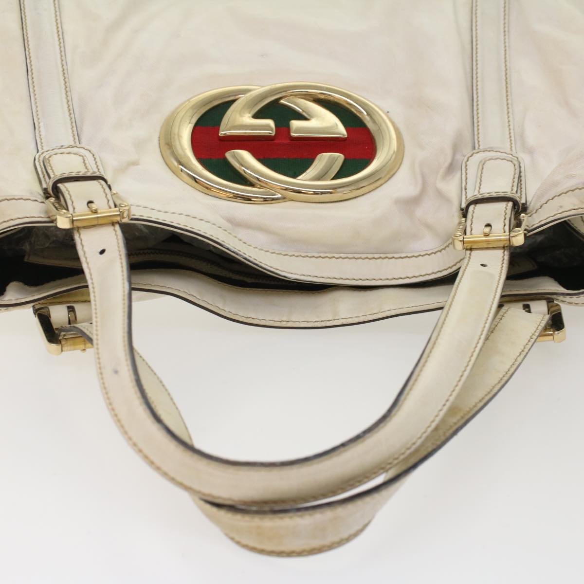 GUCCI Web Sherry Line Shoulder Bag Coated Canvas White Red 162094 bs6990