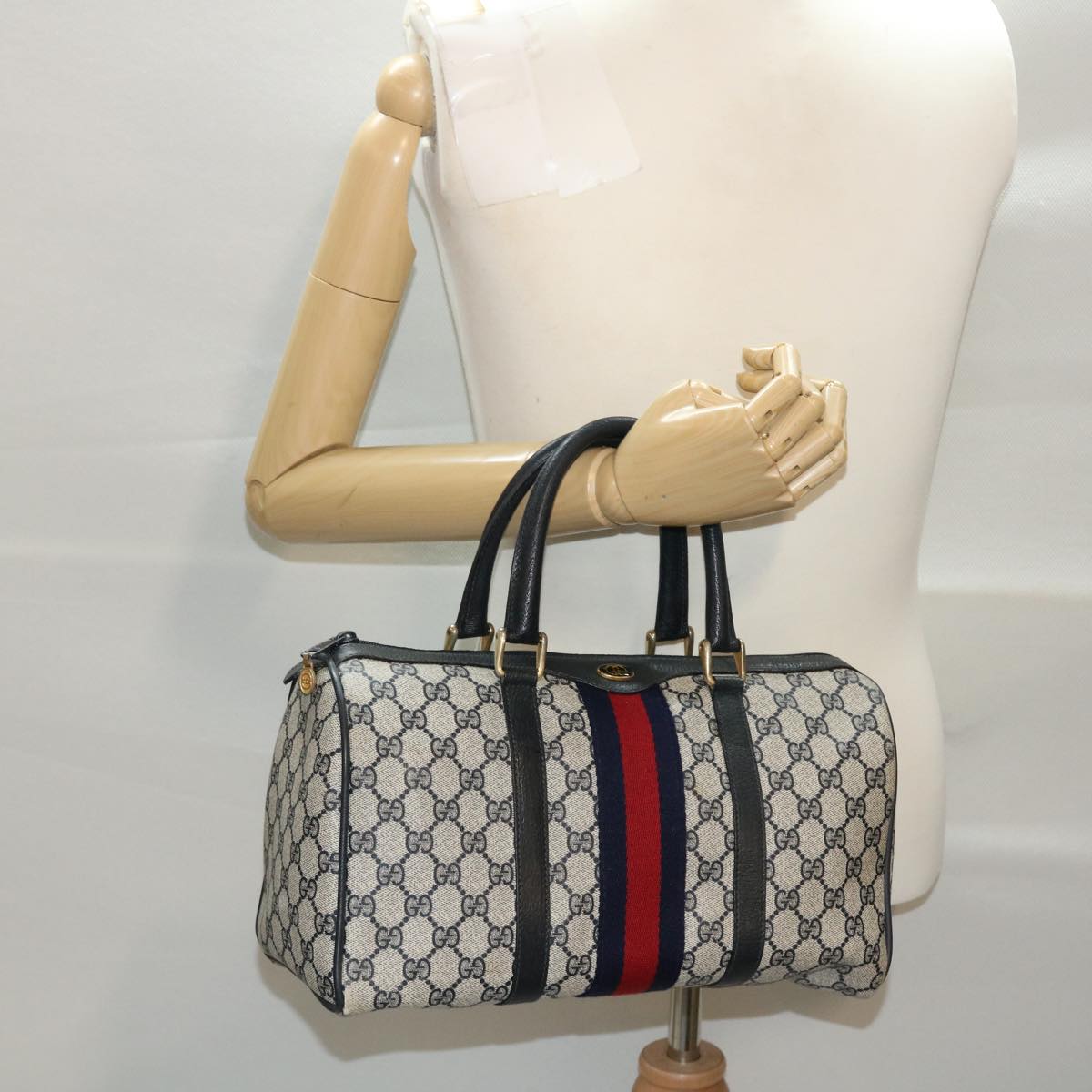 GUCCI GG Canvas Sherry Line Boston Bag Gray Red Navy 012•3842•58 bs7178