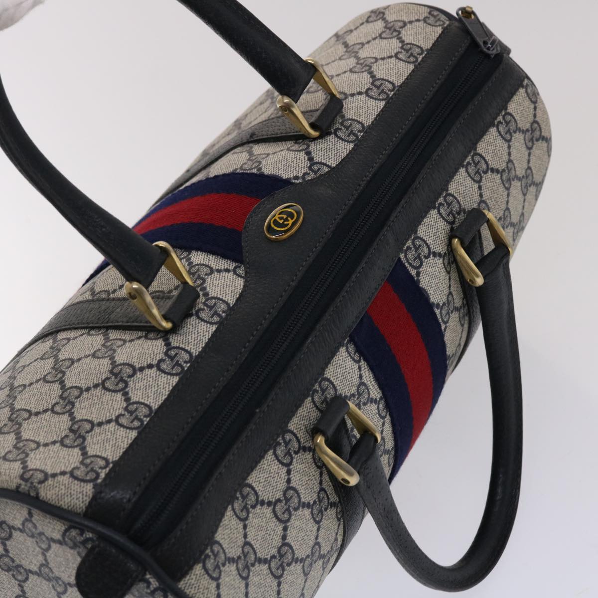 GUCCI GG Canvas Sherry Line Boston Bag Gray Red Navy 012•3842•58 bs7178