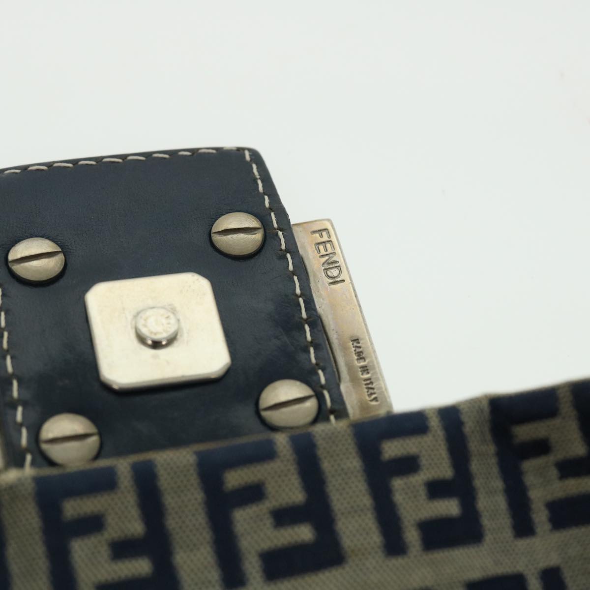 FENDI Zucchino Canvas Mamma Baguette Shoulder Bag Leather Navy bs7518
