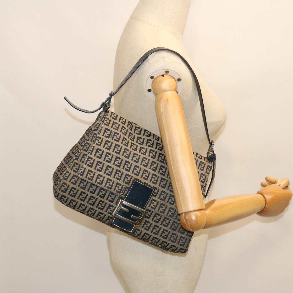 FENDI Zucchino Canvas Mamma Baguette Shoulder Bag Leather Navy bs7518