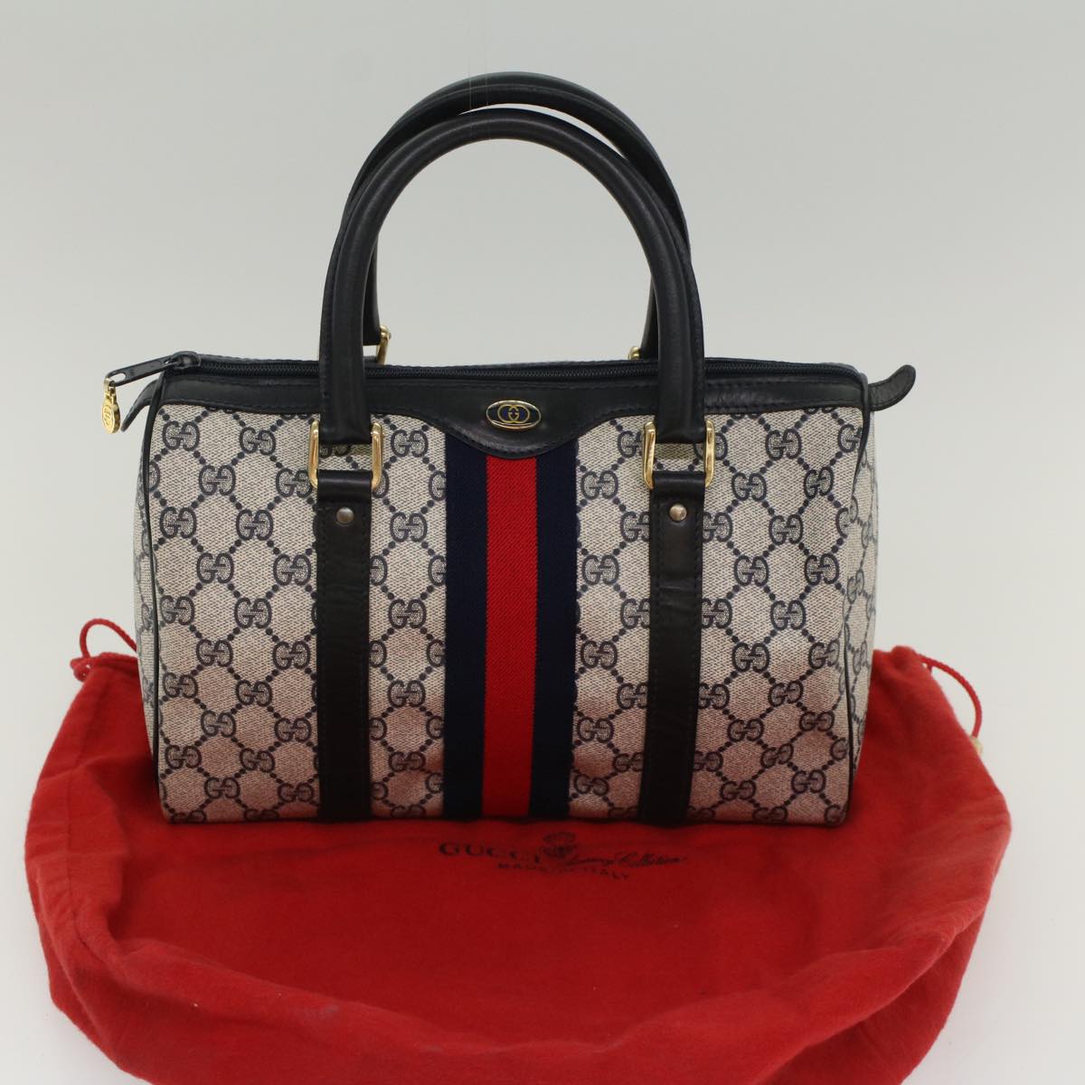 GUCCI GG Canvas Sherry Line Boston Bag Gray Red Navy 37 012 3841 bs7794