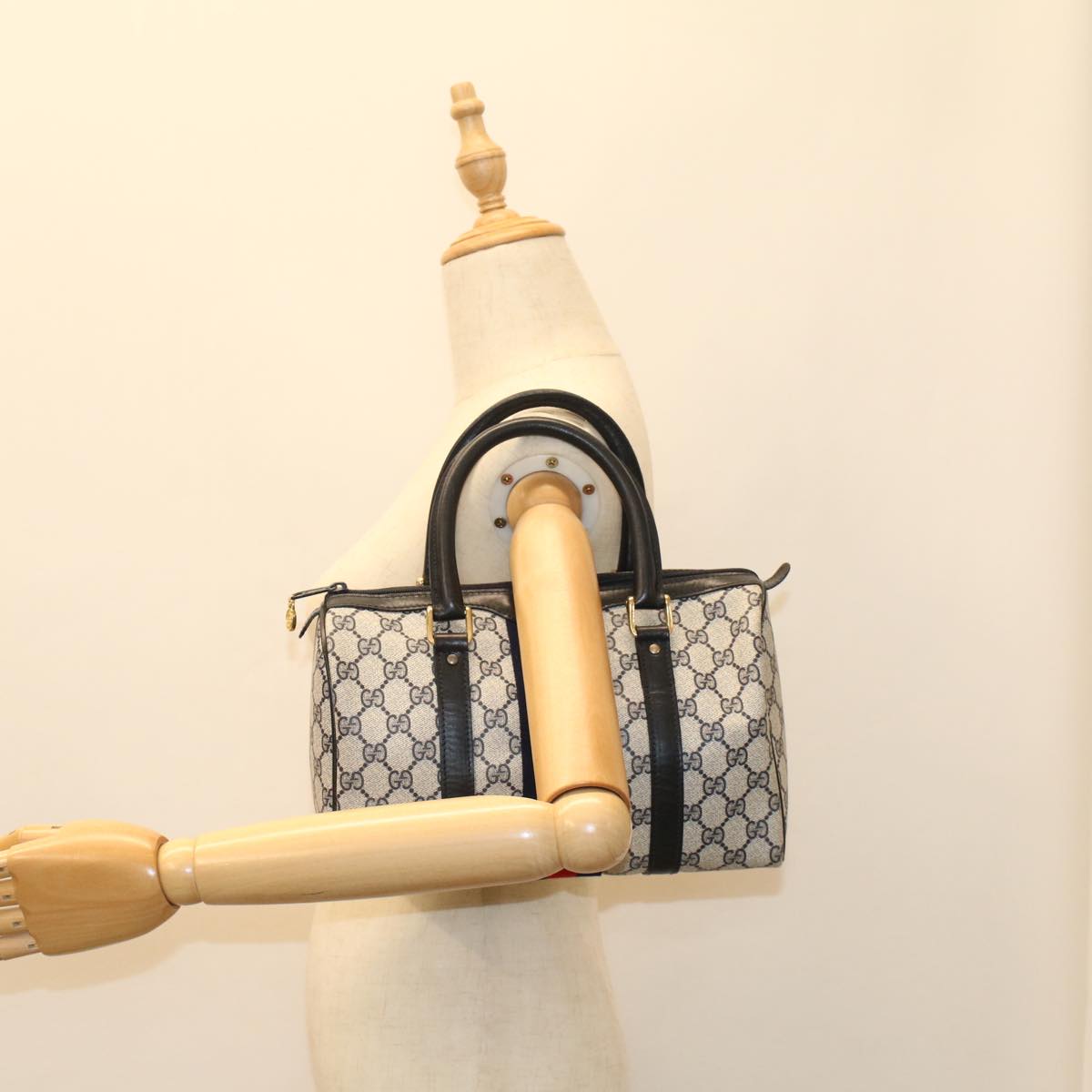 GUCCI GG Canvas Sherry Line Boston Bag Gray Red Navy 37 012 3841 bs7794