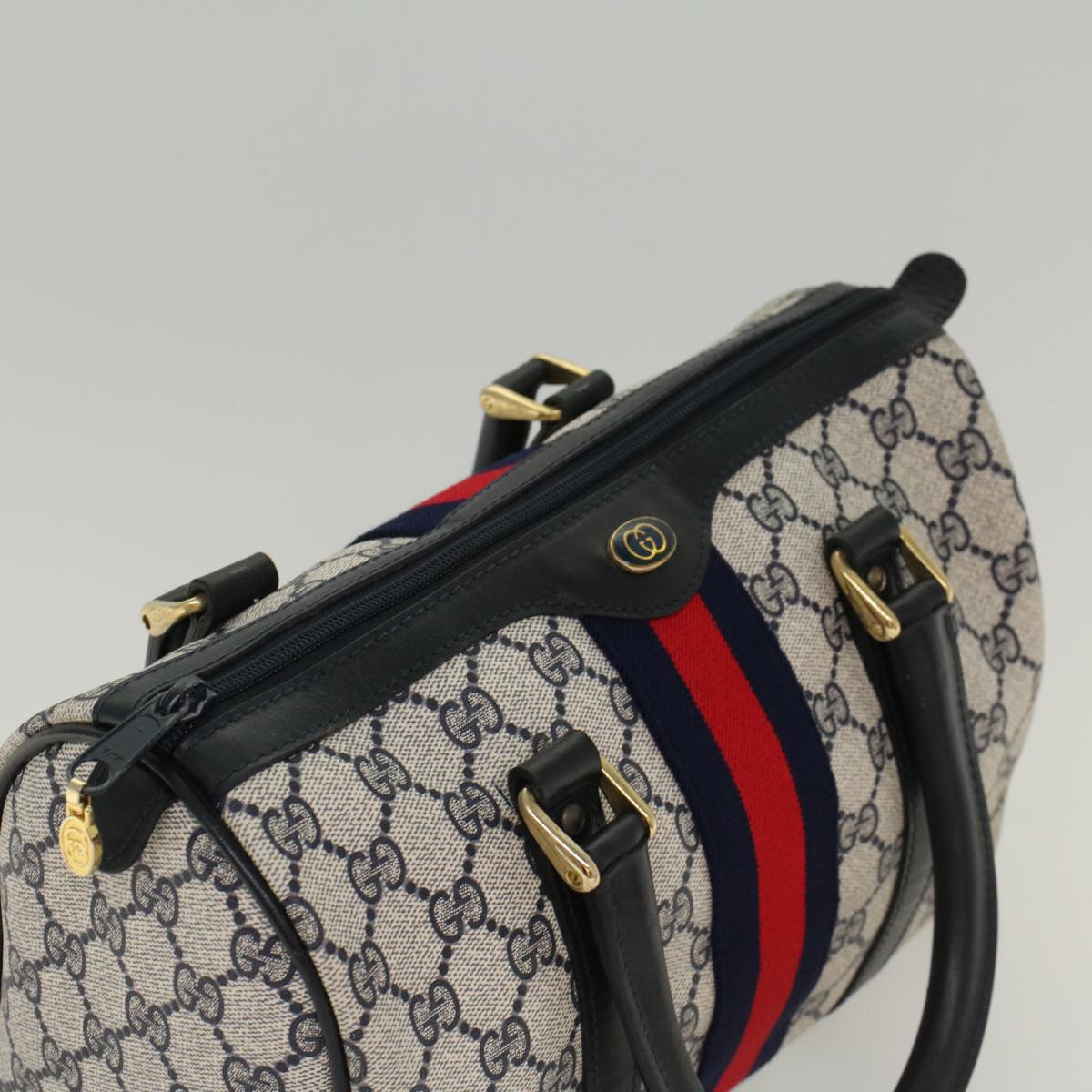 GUCCI GG Canvas Sherry Line Boston Bag Gray Red Navy 37 012 3841 bs7794