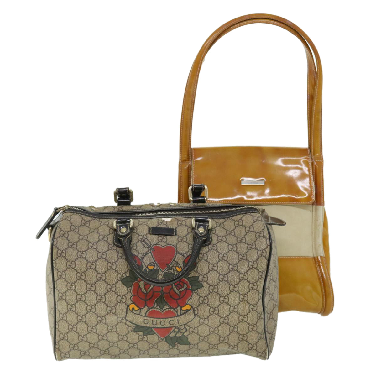 GUCCI GG Canvas Hand Bag PVC Leather Patent 2Set Beige bs7882
