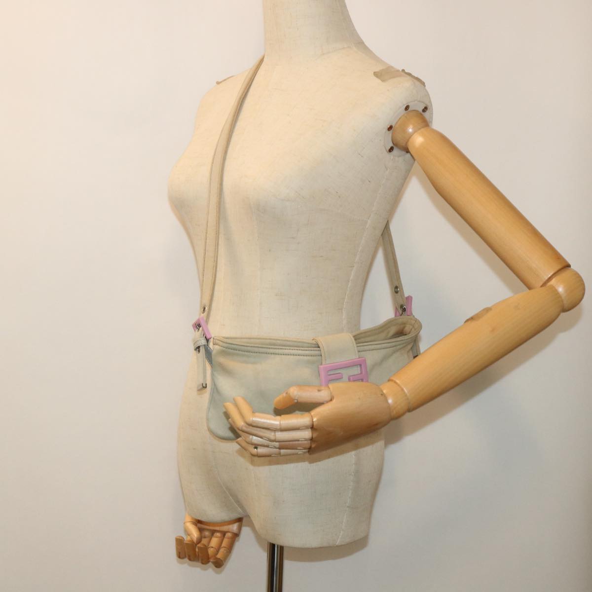 FENDI Mamma Baguette Shoulder Bag cotton Beige Pink bs7965
