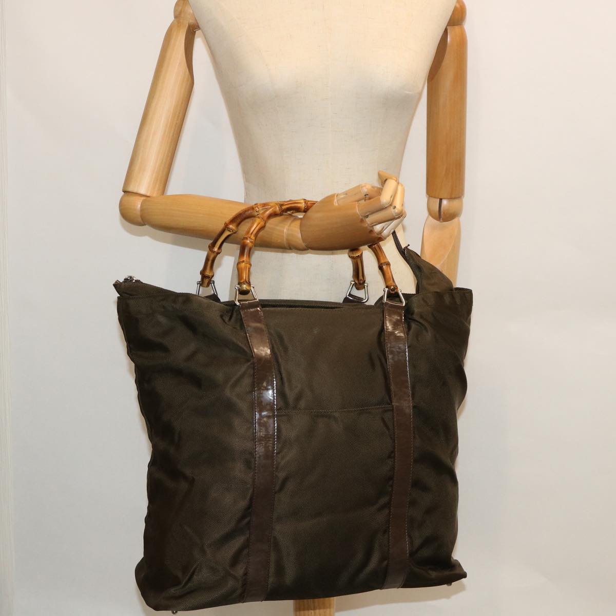GUCCI Bamboo Hand Bag Nylon Canvas Khaki 002 2058 0412 5 bs8251