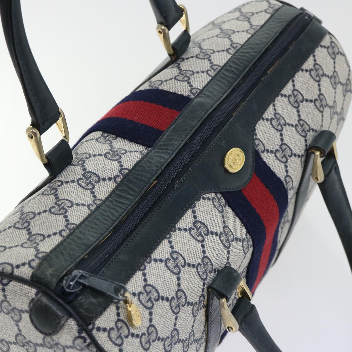 GUCCI GG Canvas Sherry Line Boston Bag Red Navy gray 010 378 bs8340