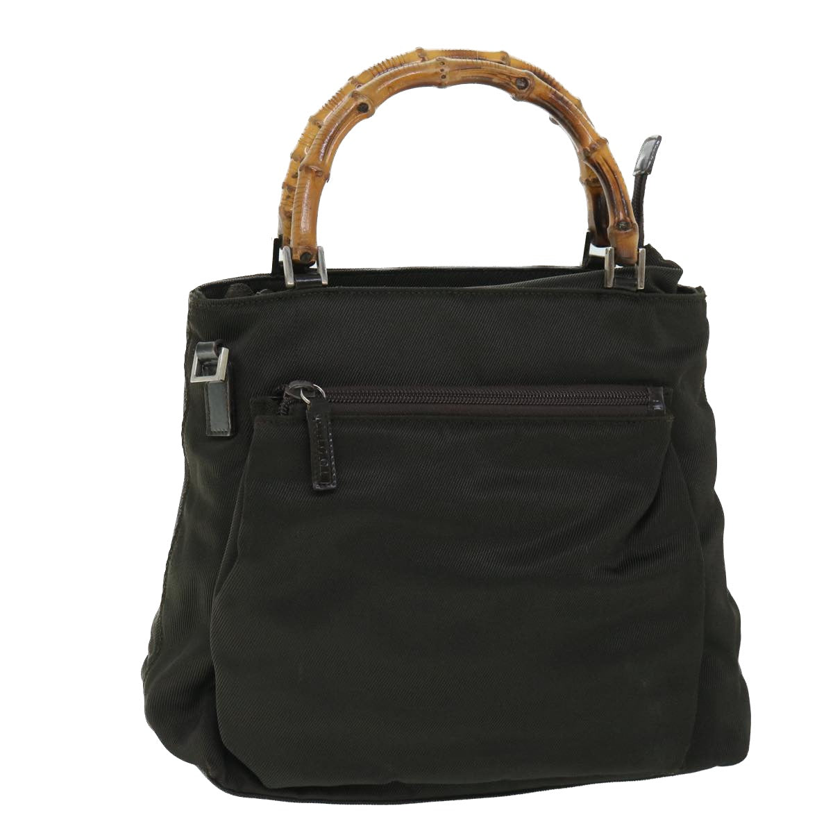 GUCCI Bamboo Hand Bag Nylon Leather 2way Khaki 002 2058 0508 5 bs8491