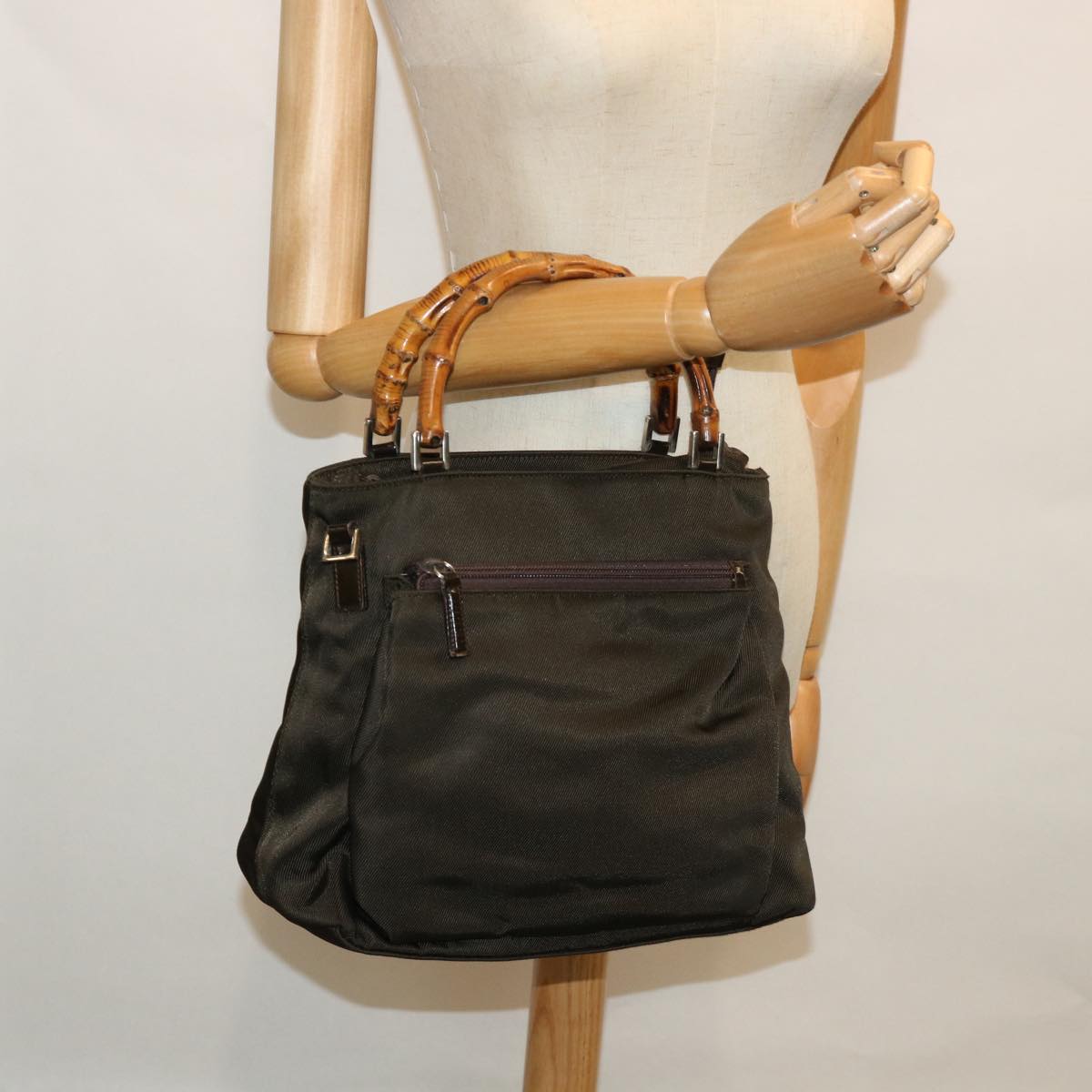 GUCCI Bamboo Hand Bag Nylon Leather 2way Khaki 002 2058 0508 5 bs8491