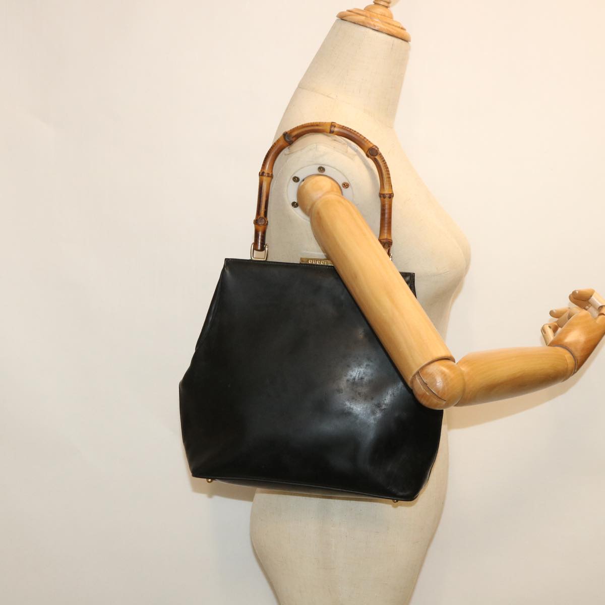 GUCCI Bamboo Hand Bag Leather Black 000 781 0295 bs8627
