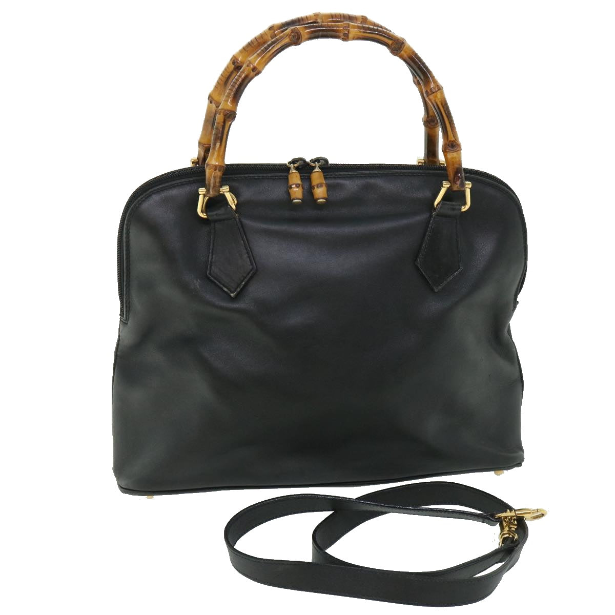 GUCCI Bamboo Hand Bag Leather 2way Black 000 1186 0289 bs8639