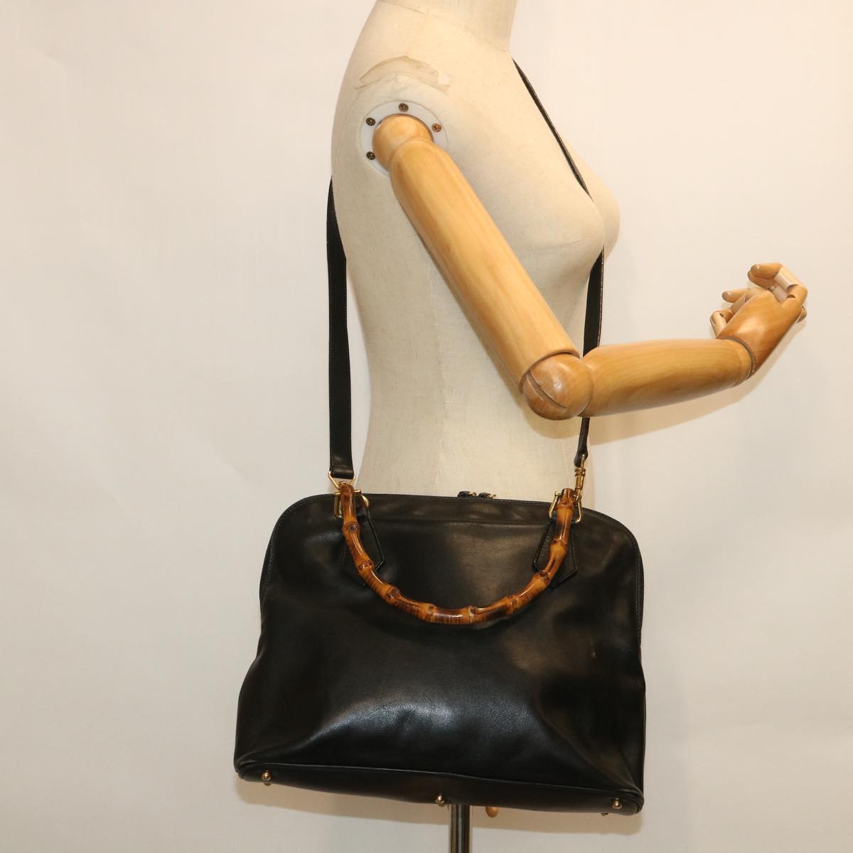 GUCCI Bamboo Hand Bag Leather 2way Black 000 1186 0289 bs8639