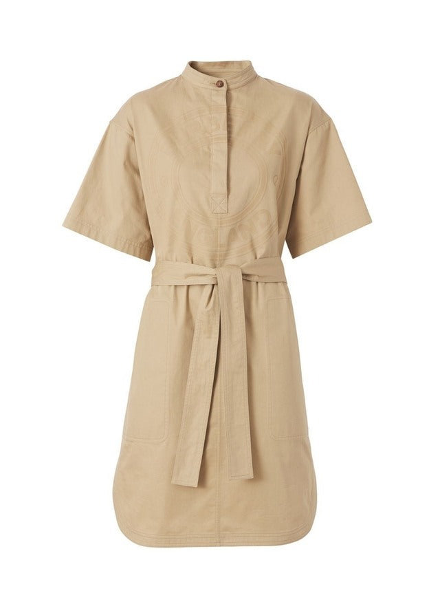 BURBERRY ABBIE SMOKE STITCH COTTON TWILL DRESS WITH GRAPHIC LOGO