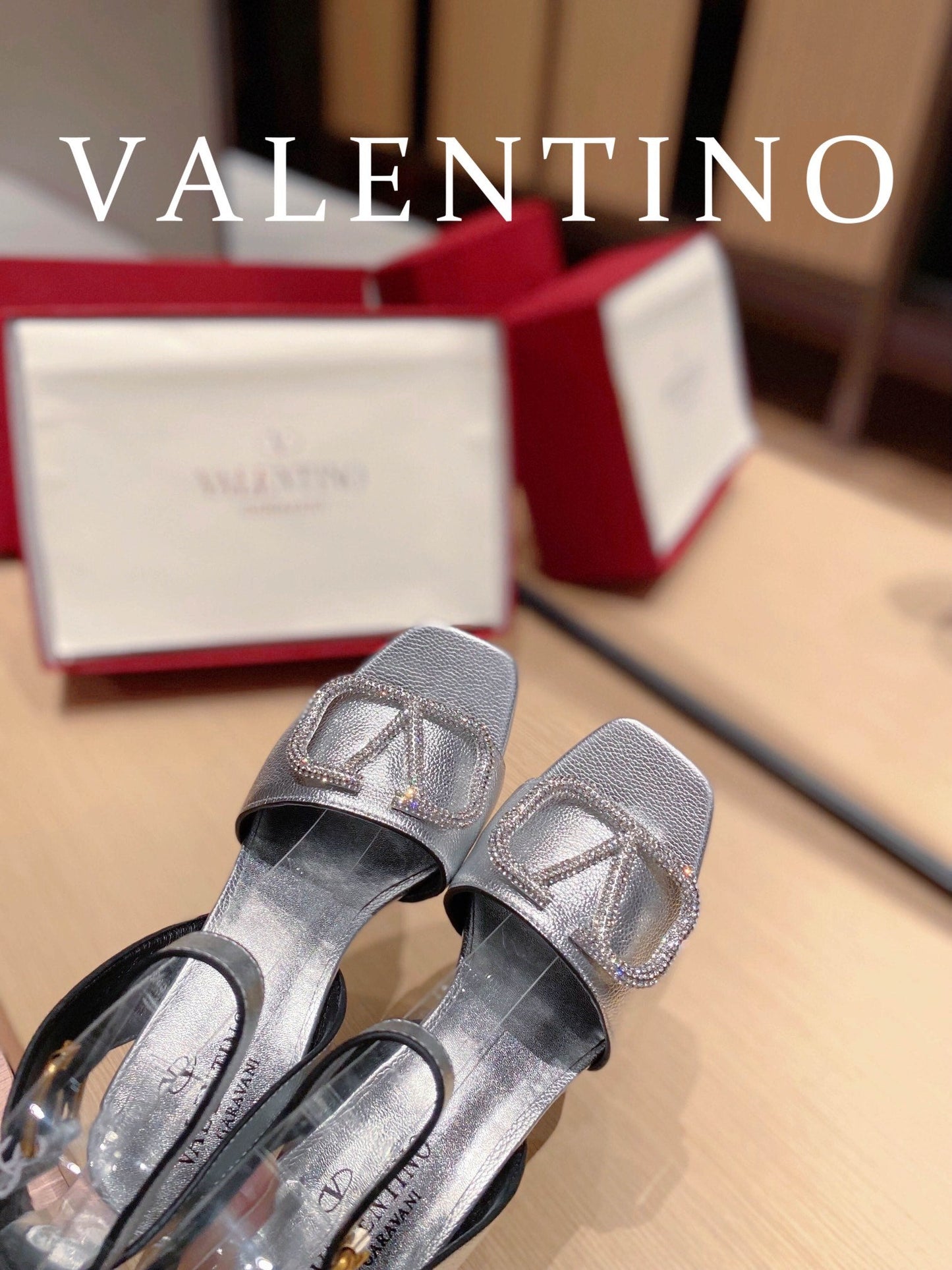 Valentino Garavani Strap Heeled Sandals With V Logo Crystal EmbellisGLAMIent Silver For Women