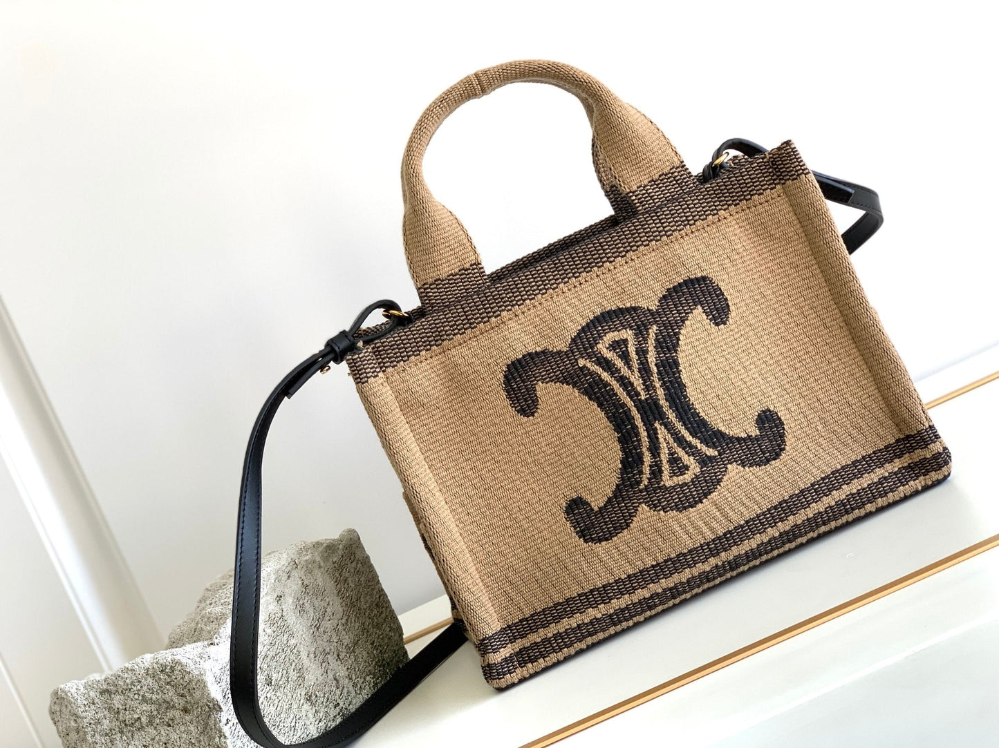 CE Small Cabas Thais In Textile With Triomphe Beige/Black For Women 11in/29cm 199162EGH.02BL