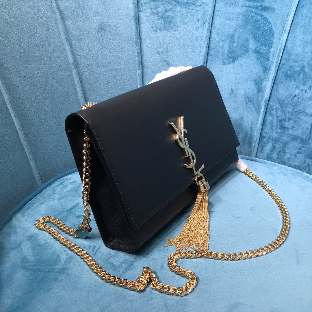 GLAMI Kate MeGLAMIum Chain Bag With Tassel In Grain De Poudre Black For Women 9.4in/24cm YSL 354119BOW0J1000