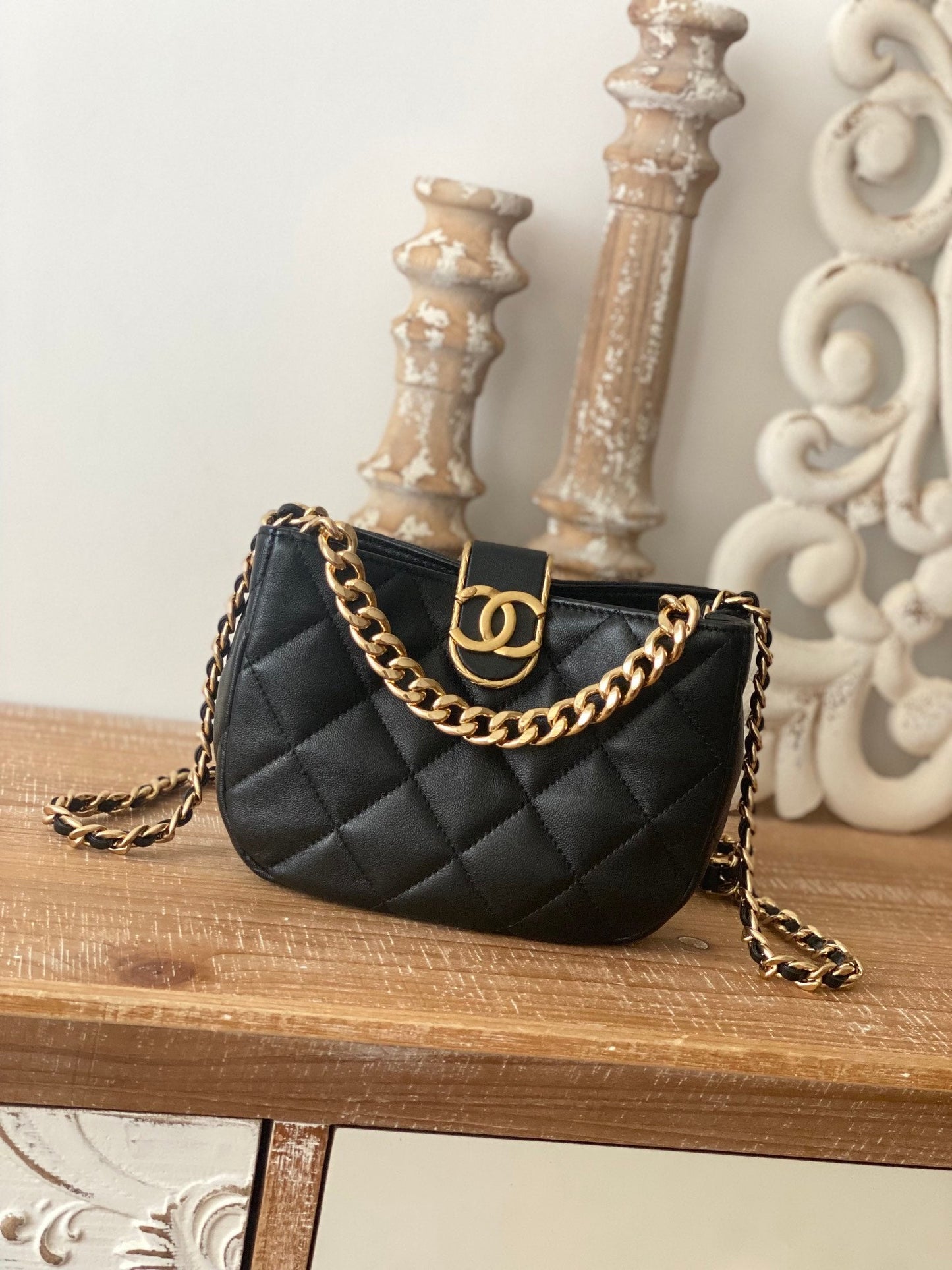CHLSmall Hobo Bag Gold Hardware Black For Women, Women’s Handbags, Shoulder Bags 7.5in/19cm