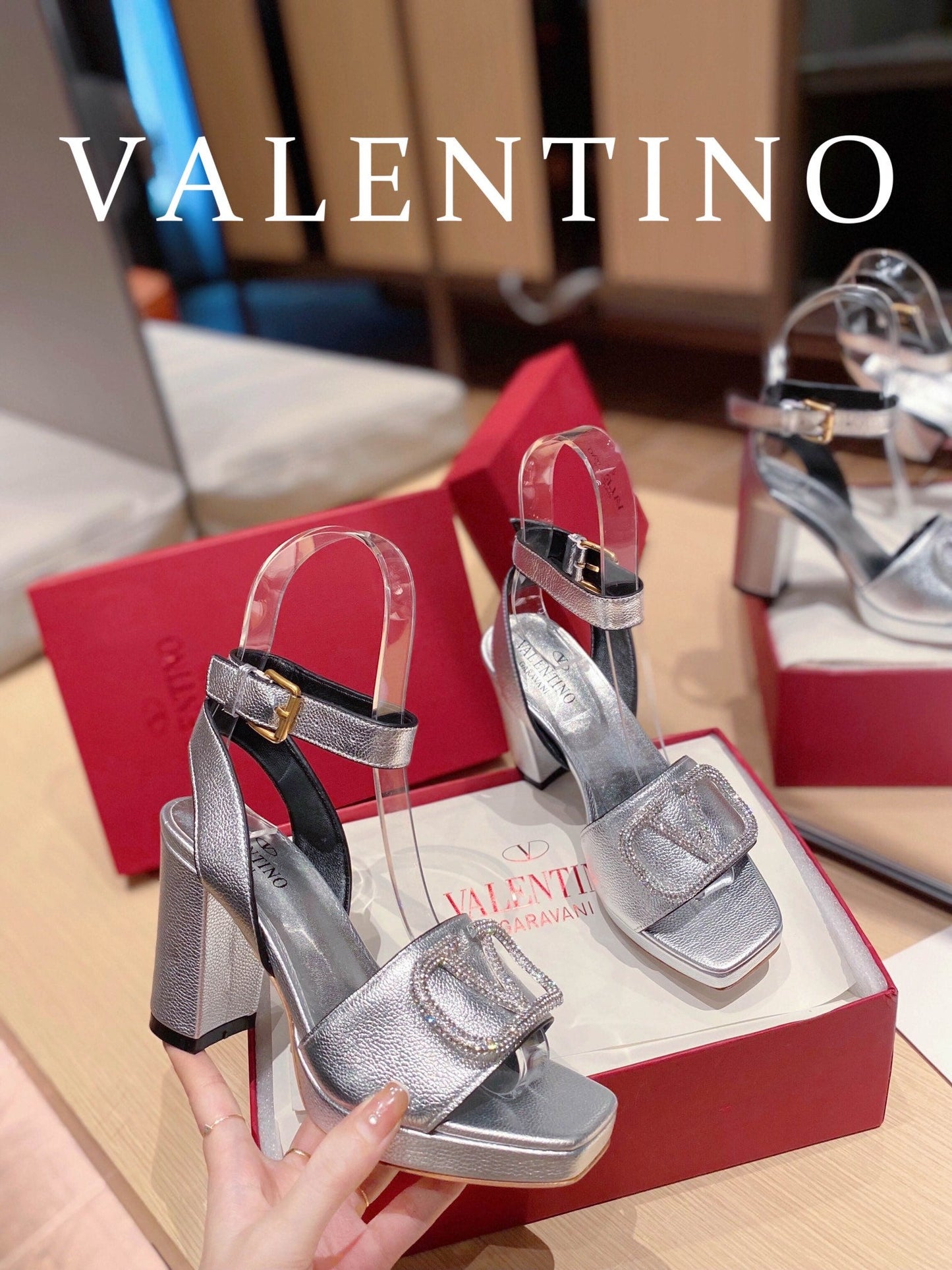 Valentino Garavani Strap Heeled Sandals With V Logo Crystal EmbellisGLAMIent Silver For Women