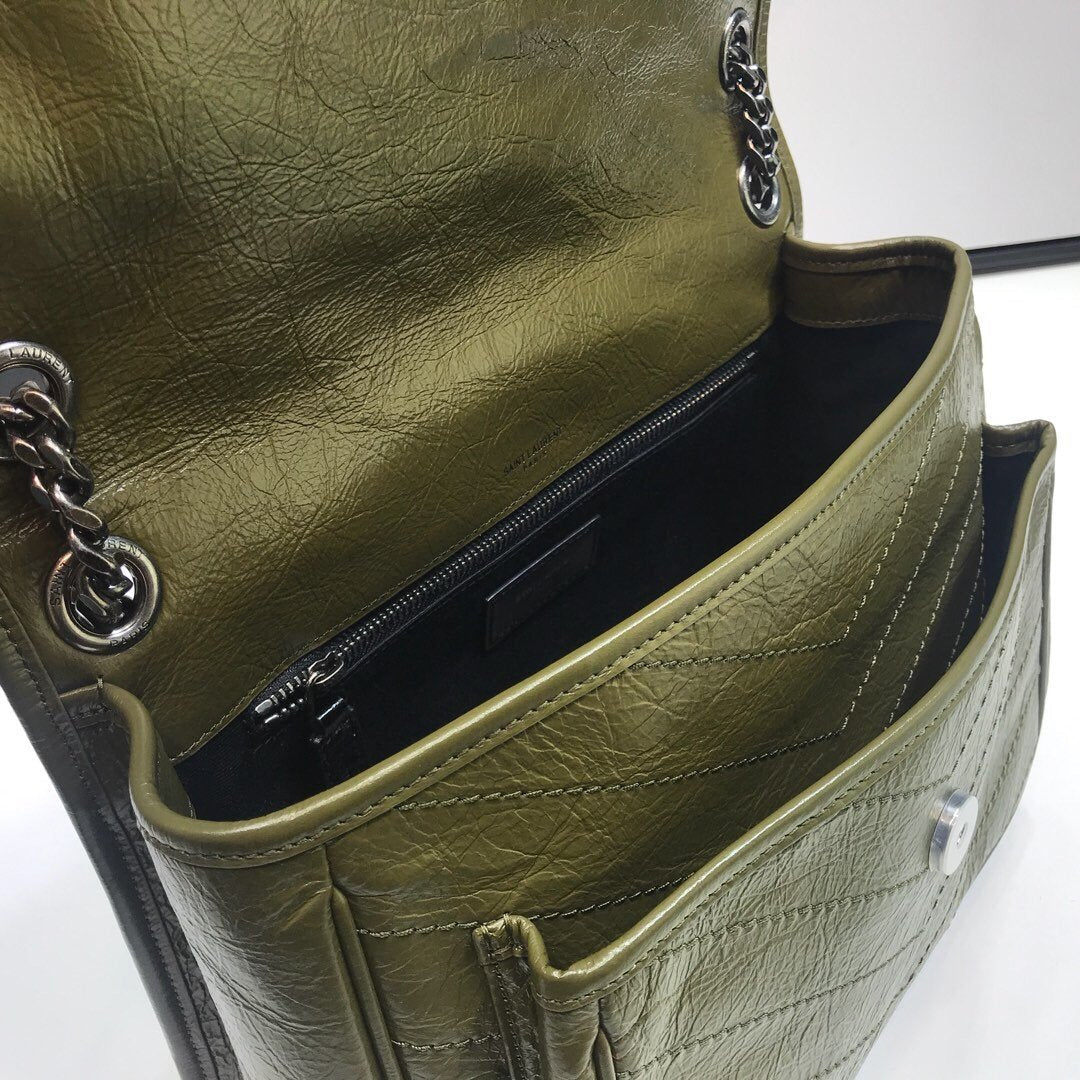 GLAMI Niki MeGLAMIum Chain Bag In Crinkled Vintage Green For Women 11in/28cm YSL 6331581YG041229