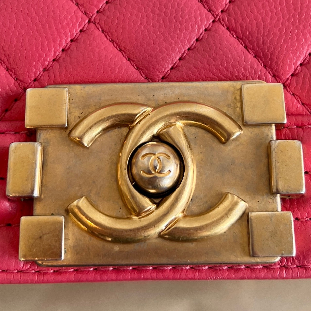 CHANEL Coral Pink Caviar Leather Small Boy Bag