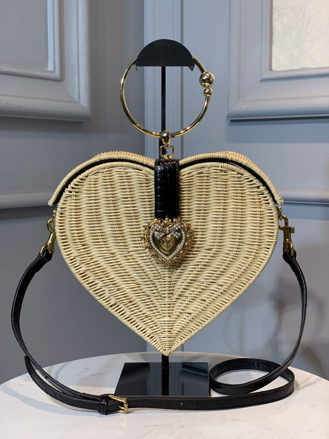 GLAMI Devotion Crystal Heart Wicker Top Handle Bag Beige For Women 10in/26cm GLAMI