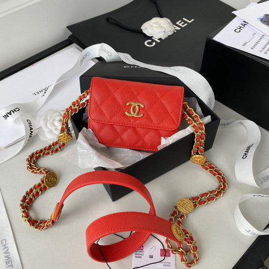 CHL Clutch With Chain Gold Hardware Grained Shinny Red For Women, Women’s Handbags, Shoulder Bags 4.7in/12cm AP2857